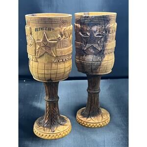 Vintage Hand Carved Olivewood JERUSELEM BETHLEHEM LAST SUPPER Chalice Cups Set